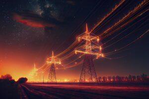 Electricity transmission towers with orange glowing wires the starry night sky 21825681 Stock Photo at Vecteezy